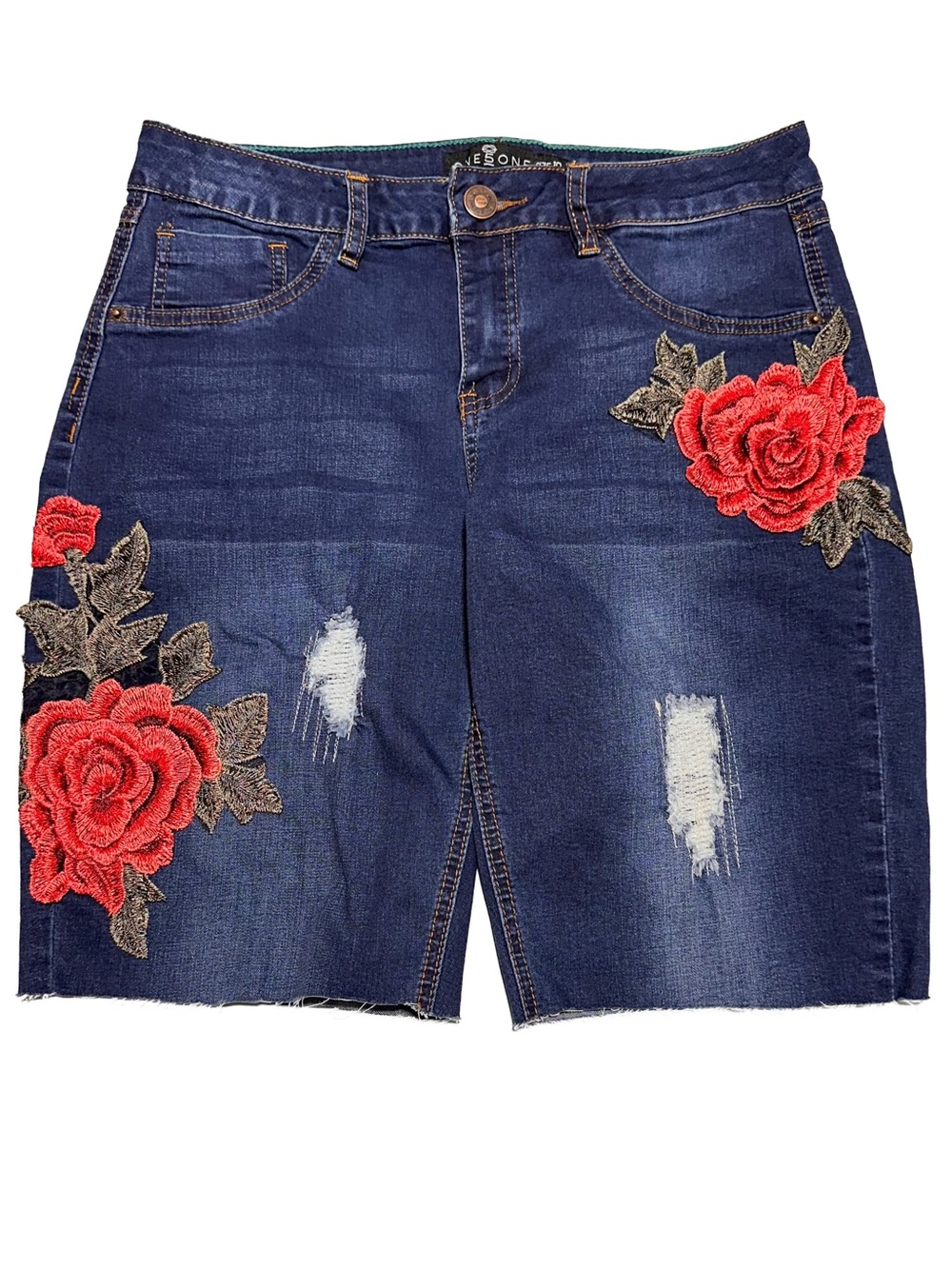 One5One Upcycled Cutoff Jeans Floral Embroidered Appliques Size 10